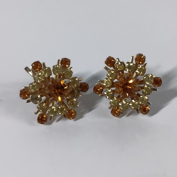 Coro Vtg Screwback Earrings Rhinestone Snowflake Cluster Gold Amber Tone Sparkle - Picture 6 of 8